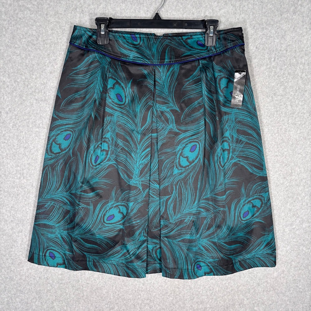 NEW Satin Peacock Print Pleated Skirt 12 Black Teal Glam Maximalist Stretch Knee